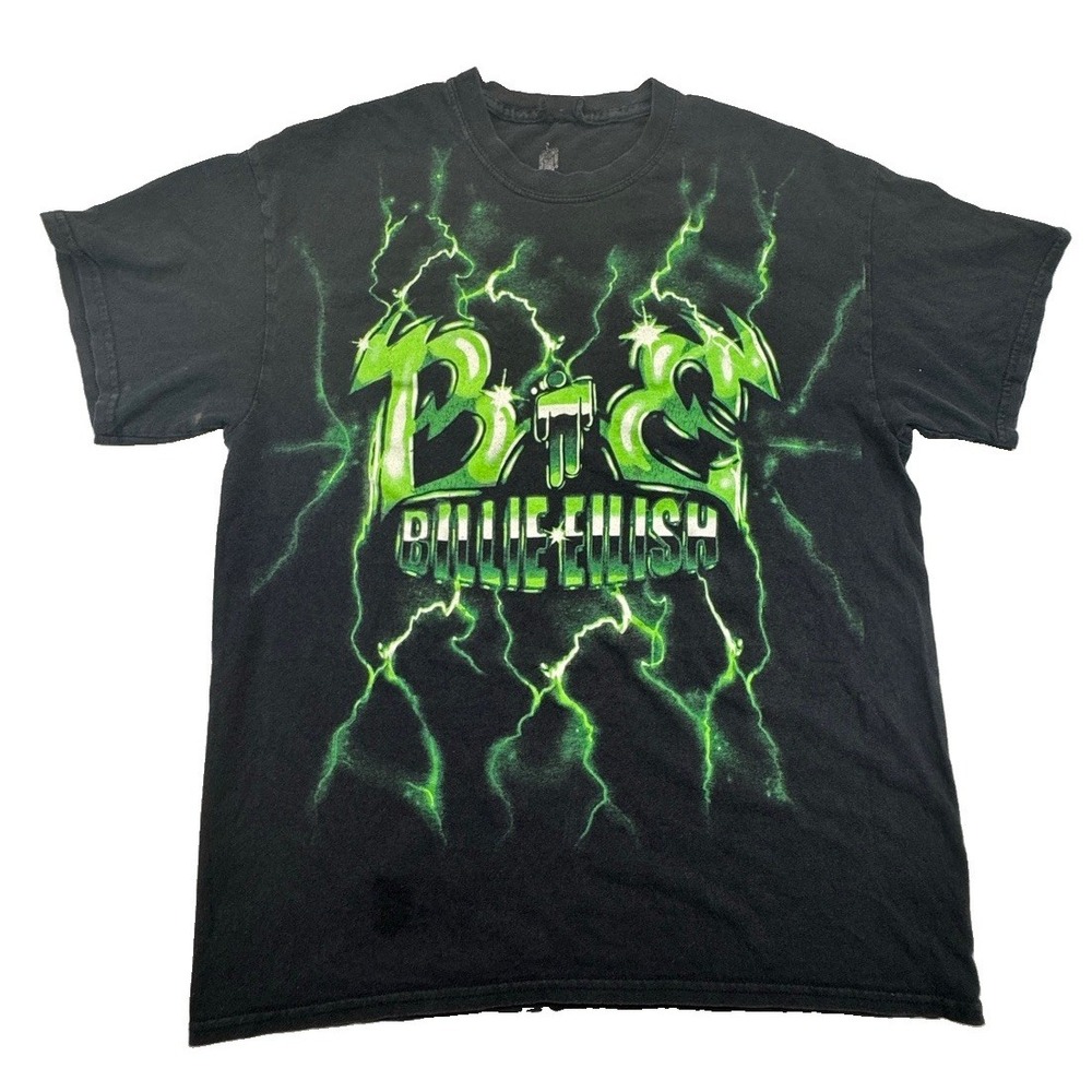 Billie Eilish Green Lightning Graphic T-Shirt L Official Merch Distressed Faded